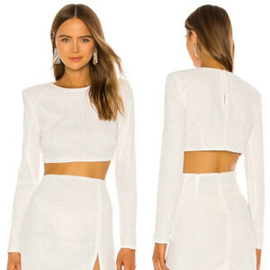 NEW Michael Costello x Revolve Sierra Sequin Crop Top Blouse White Long Sleeve